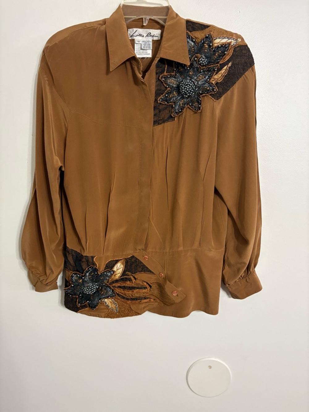 Vintage Lillie Rubin 100% Silk Brown Embellished Button-Front Top Size 12
